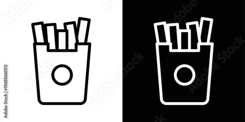French fries icon designed in black stroke and fill styles, isolated on a white background. Ideal for fast food, snack, and restaurant concepts.