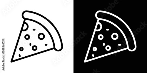 Pizza slice icon designed in black stroke and fill styles, isolated on a white background. Ideal for food, fast food, and restaurant concepts.