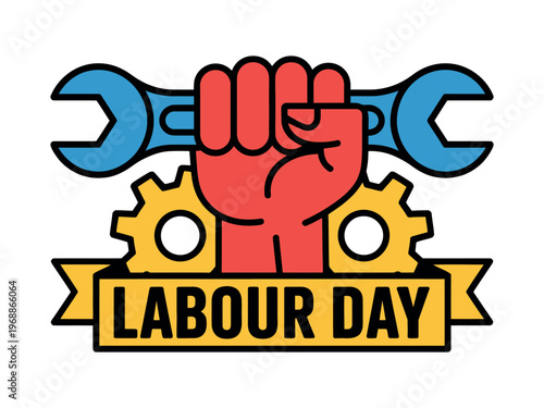 A Labour Day graphic with a raised fist holding a wrench and gears on a white background