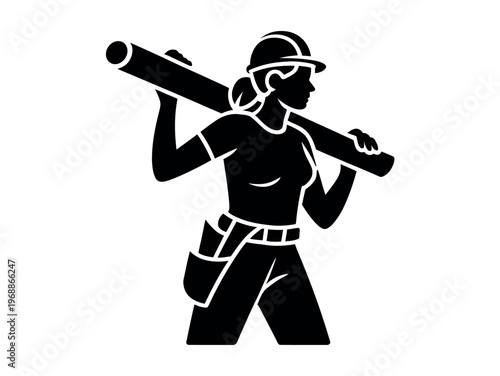 A female construction worker carrying a large pipe on her shoulder with a tool belt around her waist.
