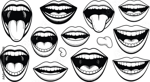 Collection of illustrated human mouths and lips expressing various emotions and actions in monochrome style