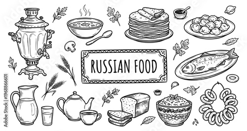  Traditional russian food and cuisine with samovar and blini sketch