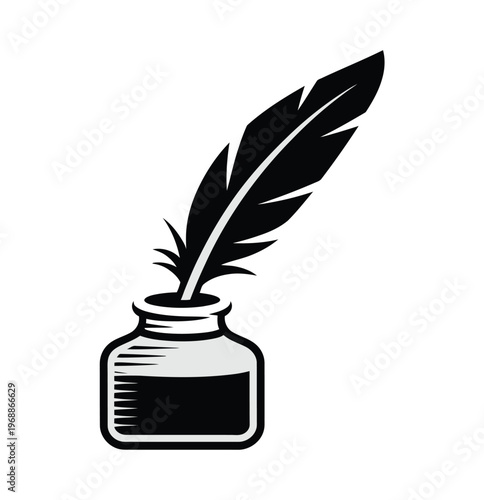 A black and white illustration of a feather quill in an inkwell on a plain background