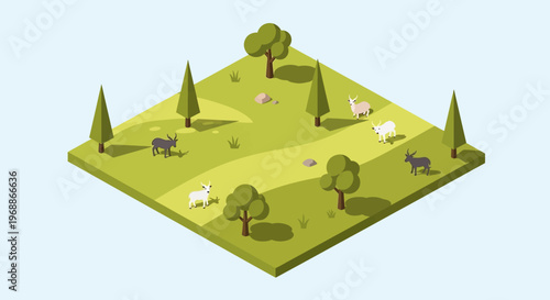 Isometric green landscape with sheep and trees.