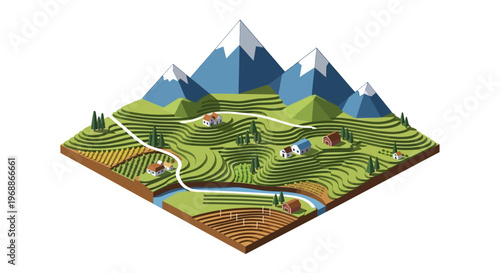 Isometric Landscape with Mountains and Terraced Fields.