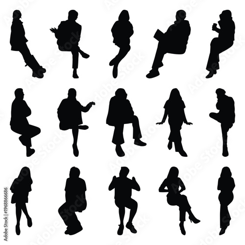 Vector collection set of sitting people silhouettes.