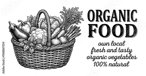 Organic food label with vegetable basket in vintage engraving