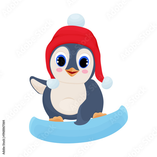  illustration of a penguin snowboarding.  This charming cartoon penguin, with big eyes and rosy cheeks, is perfect for children’s themes or holiday cards 