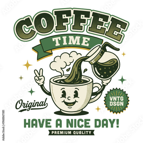 Have a nice day coffee cup mascot in retro rubber hose cartoon style