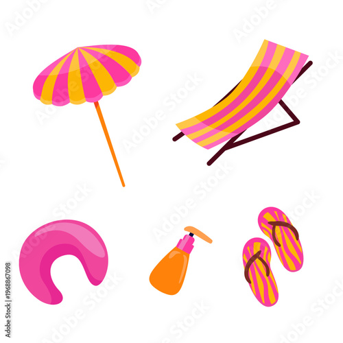 Beach accessories in shades of pink and yellow. A beach umbrella, a lounge chair, a life preserver, a tube of sunscreen, and flip-flops. 