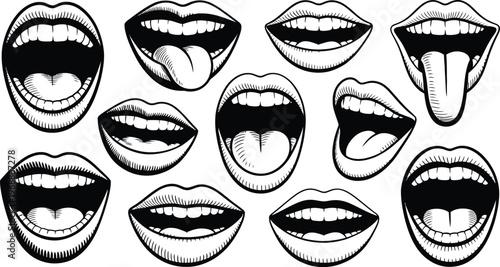 Collection of black and white line art illustrations of diverse open mouths and lips isolated on transparent background