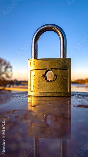 Golden padlock rests on surface, reflecting warm light under blue sky
