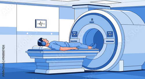 Patient undergoing MRI scan in a modern medical facility, health checkup