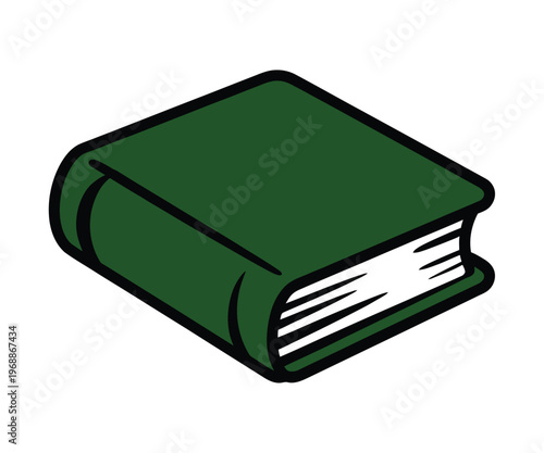 A cartoon illustration of a green book with a black outline on a white background