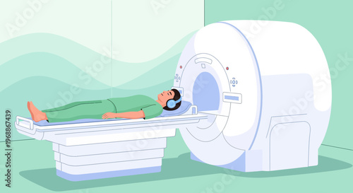Patient undergoing MRI scan in a modern medical facility, lying on a scanner bed with headphones