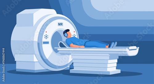 Patient undergoing MRI scan in a modern medical facility, lying in a scanner.