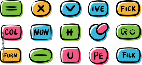 Collection of colorful hand drawn buttons with various symbols and words on transparent background.
