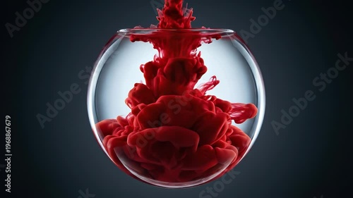 Red ink cloud dissolves and flows downwards inside a glass bowl against dark background