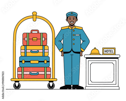 A smiling hotel porter standing next to a luggage cart with suitcases at a hotel reception desk.