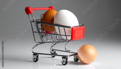 Miniature shopping cart containing brown and white eggs, with an eggshell fragment nearby. The cart is against a gray backdrop