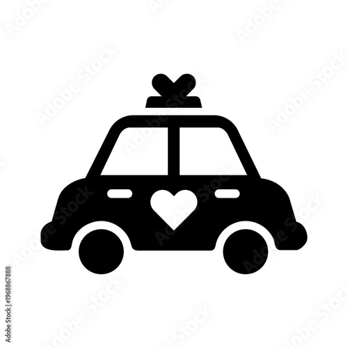 Romantic honeymoon Wedding car silhouette icon with heart and bow decoration for marriage celebration and wedding invitation design isolated on white
