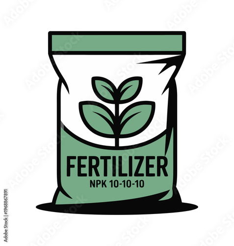 A green and white bag of fertilizer with a plant logo on a plain background