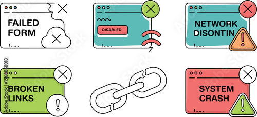 Flat design icons for error messages, alerts, and system notifications with various symbols.