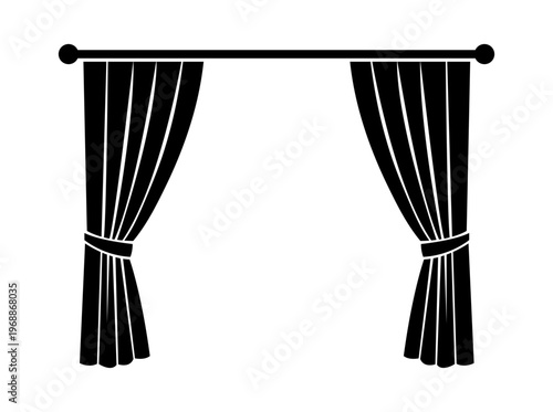 Classic Minimalist Black Window Curtain Silhouette and Drapery Vector Icon for Interior Design