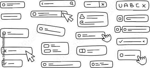 Hand drawn user interface elements and cursors for web design and digital applications.