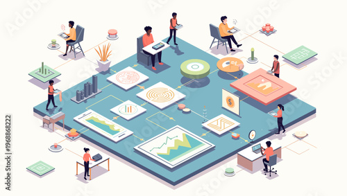 A modern isometric illustration of a workspace setup with a desk, chair, and tablet, evoking a sense of productivity and minimalism.