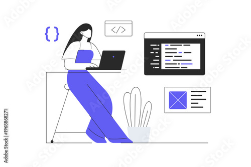 Programming and software development concept. Woman Computer engineer writes code. Flat Cartoon Vector Illustration, icon Stylish abstract design landing page web