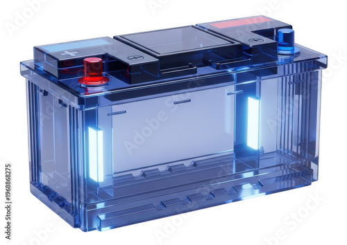 Transparent car battery with glowing blue lights and red and blue terminals on top