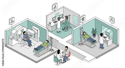 Medical clinic with diagnostic imaging and patient care rooms.