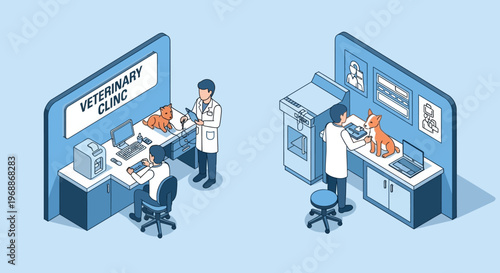 Veterinary clinic examination and reception areas with staff and animals.