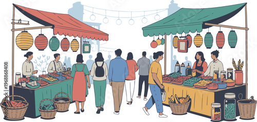 Illustration of night market festival with people walking between food stalls decorated with paper lanterns.