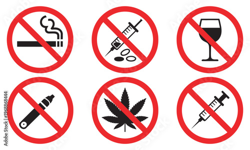 Forbidding vector signs, no smoking, no drugs, no alcohol symbols, public safety icons, prohibition signs set, warning vector illustration, flat design