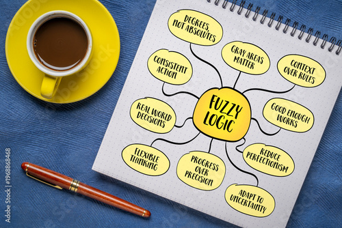 Fuzzy logic - a way of thinking that accepts reality as it is - rarely black or white, true or false, right or wrong. Infographics mind map.