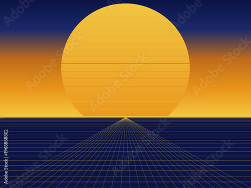 Vintage 80s Sunset Gradient Sky Perspective Grid Template