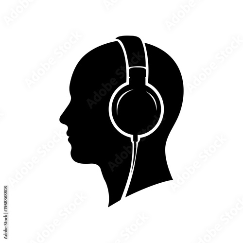 Side profile silhouette of human head wearing headphones Music listener and podcast concept icon silhouette vector