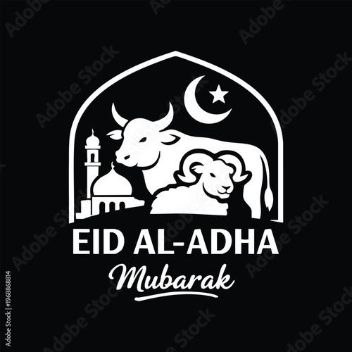 Eid aladha mubarak greeting card design with a cow and a ram, mosque silhouette, and crescent moon with a star, vector illustration for islamic festival