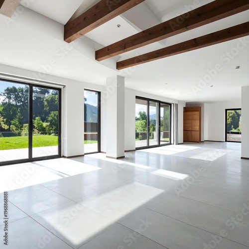 Modern, bright interior featuring large windows, wooden beams, and a view of lush greenery. The open space has a clean, minimalist feel