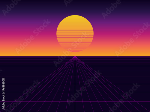 80s Retrowave Sun Horizon Perspective Grid Poster Art