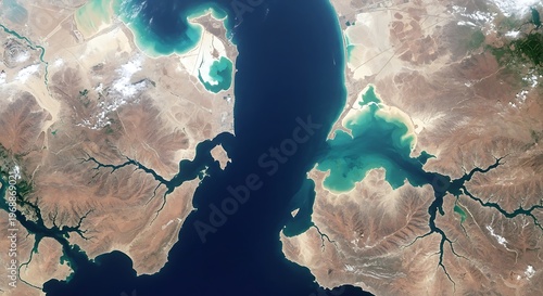 Aerial view of the strategic Strait of Hormuz coastline and Persian Gulf, Iran