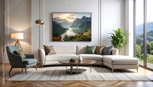 Bright, modern living room with landscape art, sofa, chair, and rug by a large window