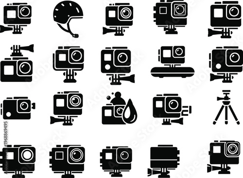Set of action camera and accessories icons with extreme sports with black and white with water drop
