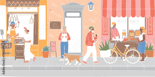 Street view of bustling market shops and people walking by illustration urban life commerce colorful and inviting.