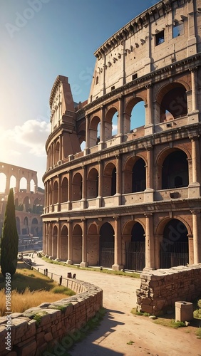 Ancient Roman Colosseum rises against a clear blue sky, bathed in sunlight, with stone path in foreground