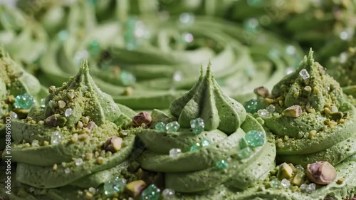 Close-up of pistachio frosting swirls with nuts and edible gems