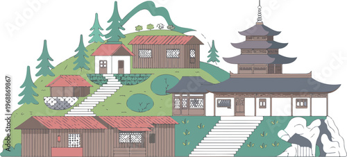 Traditional japanese village with ancient temples and houses. historic asian architecture landscape.