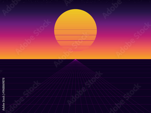 Retro Futuristic Sun Wireframe Grid Dark Background Vector